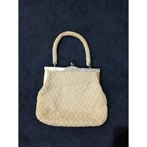 Vintage  Hong Kong Beaded Handbag Purse Off-White Plastic /gold Trim Handmade